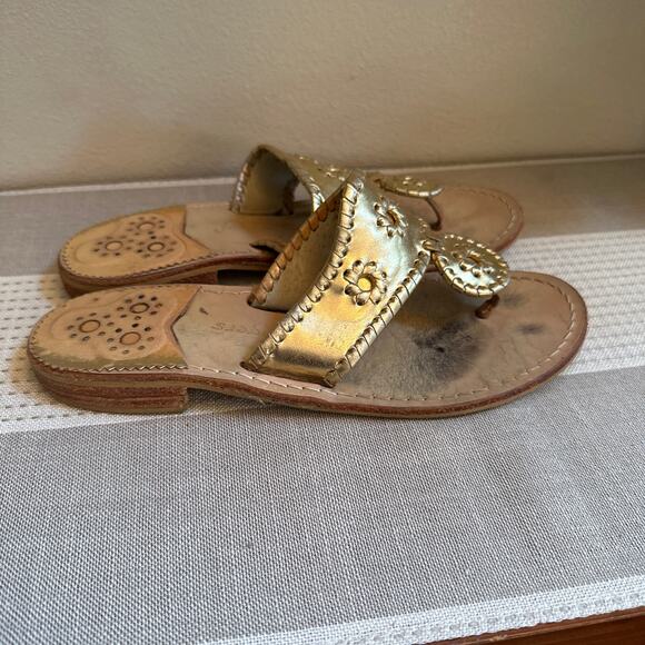 Jack Rogers Whipstitch Thong Sandals Gold Leather Slip-On Open Toe Size 7 - Picture 3 of 6